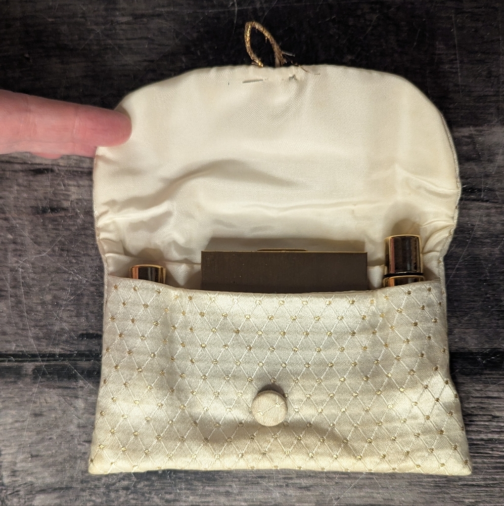 Midcentury Cosmetics Bag with Brass Cosmetic Tubes and Compact
